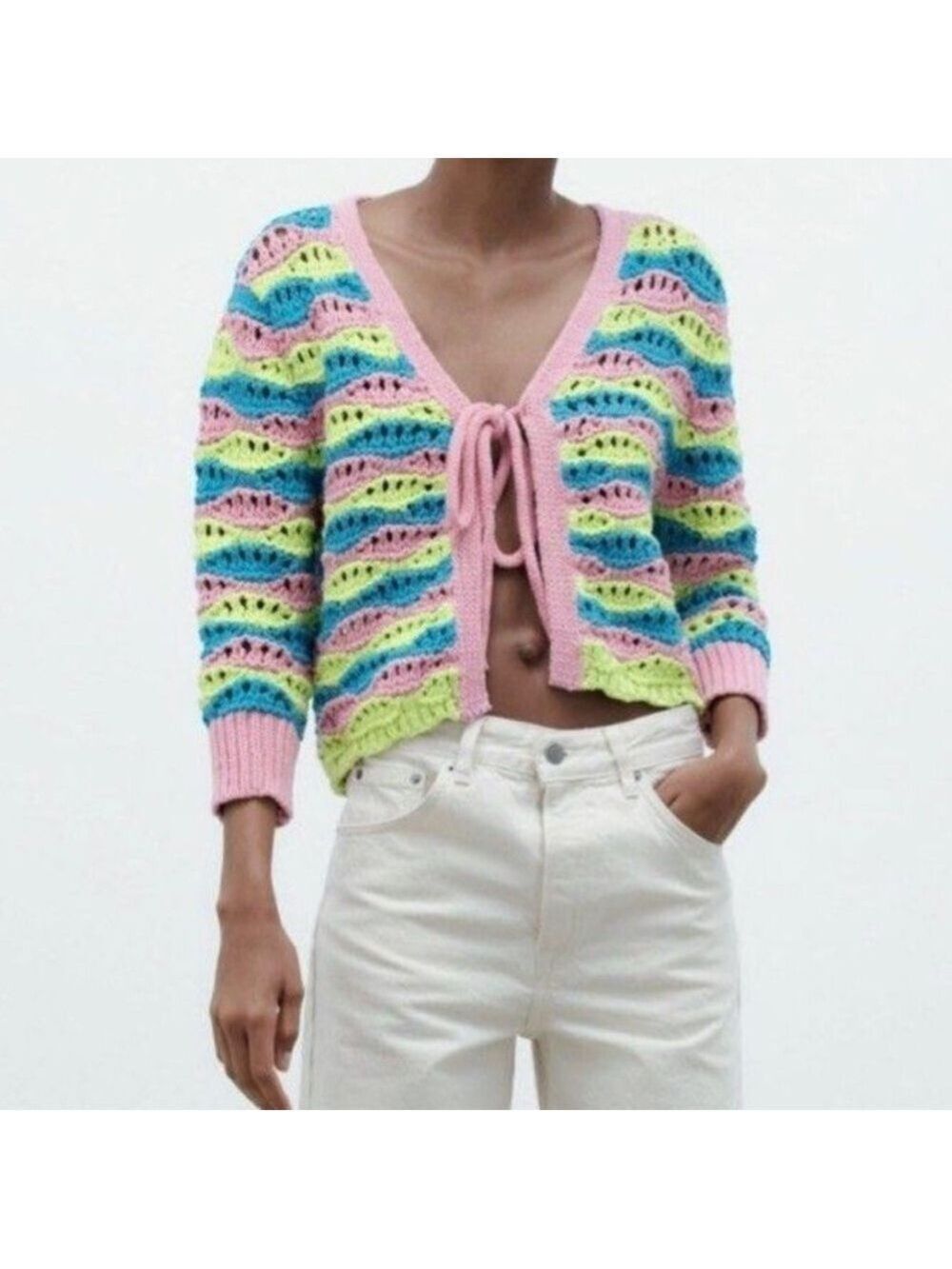 NWT Zara Women’s Multicolor Knit Cardigan Tie Front Pink Teal Lime Green S